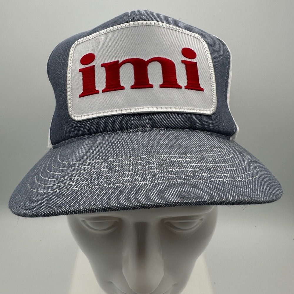 Vintage IMI Irving Materials Trucker Hat‎ Blue Denim White Mesh Made in USA OS